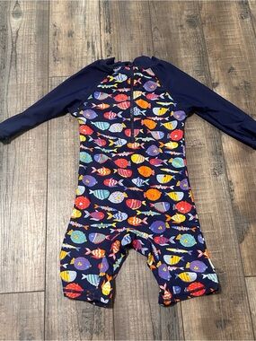 UP And FAST Infant Boys Navy Blue Fish Print Rash Guard Swimsuit 24-36 Months
